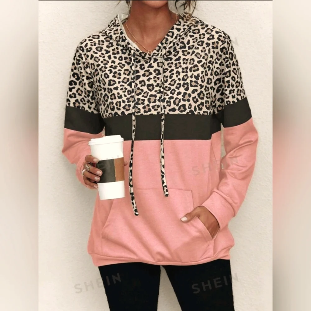 NEW Women's Leopard Patchwork Hoodie Sweatshirt - Picture 1 of 2